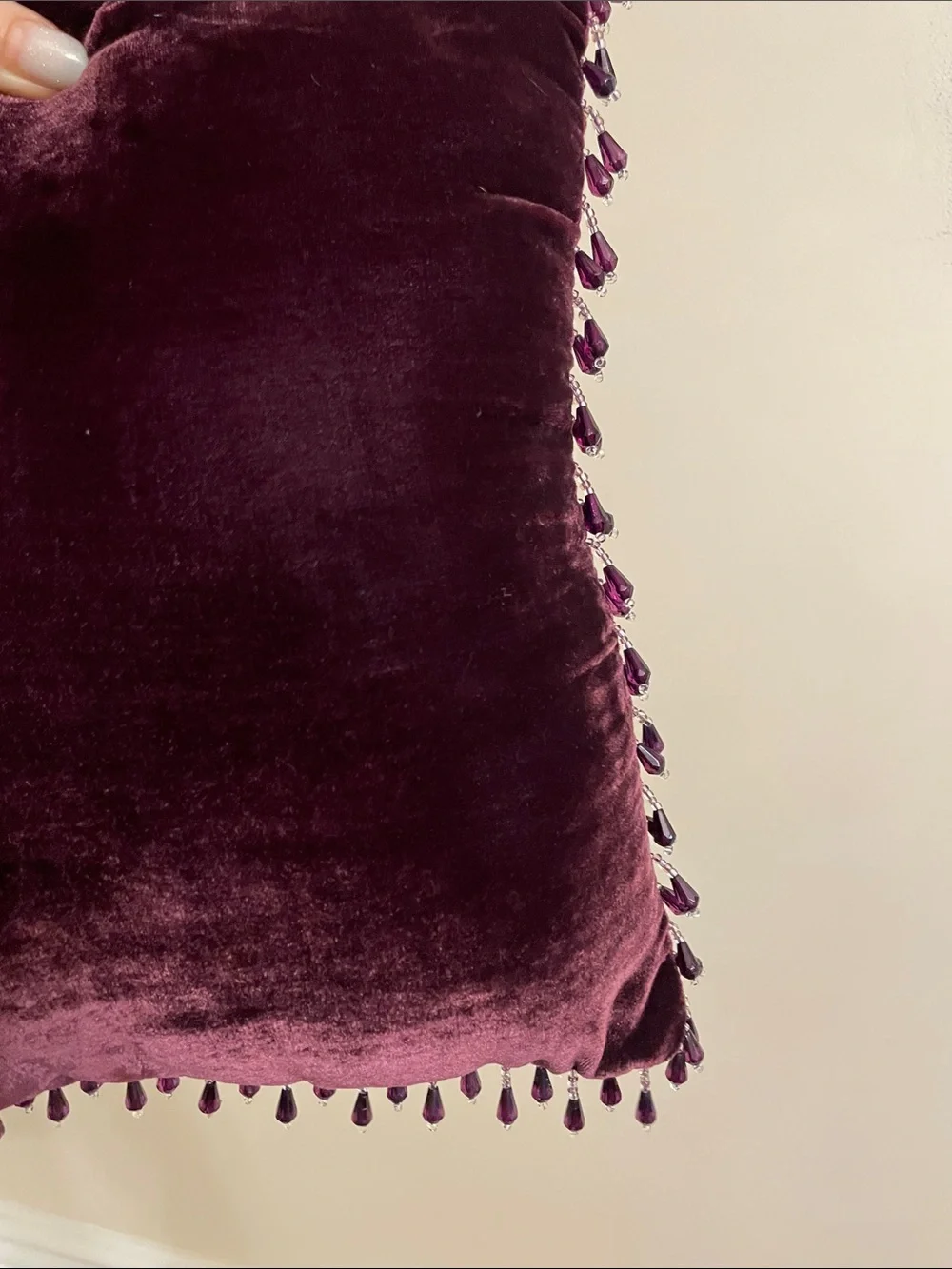 Plum Velvet Decorative Throw Pillow with Beaded Trim